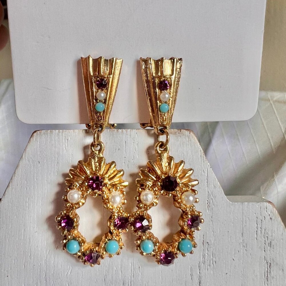 Vintage 1960's Ornate Earrings , Blue Turquoise, Purple Stones, Faux Pearls.